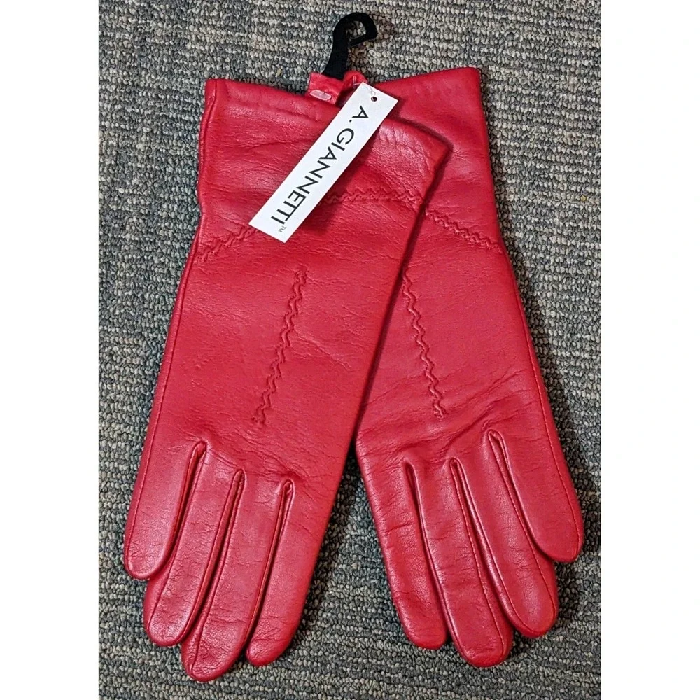 Vintage A. GIANNETTI Red Leather Cashmere Lined Wrist Gloves Size M NOS